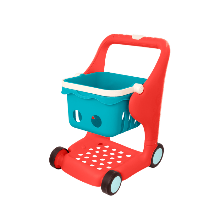 Toy shopping cart with groceries.
