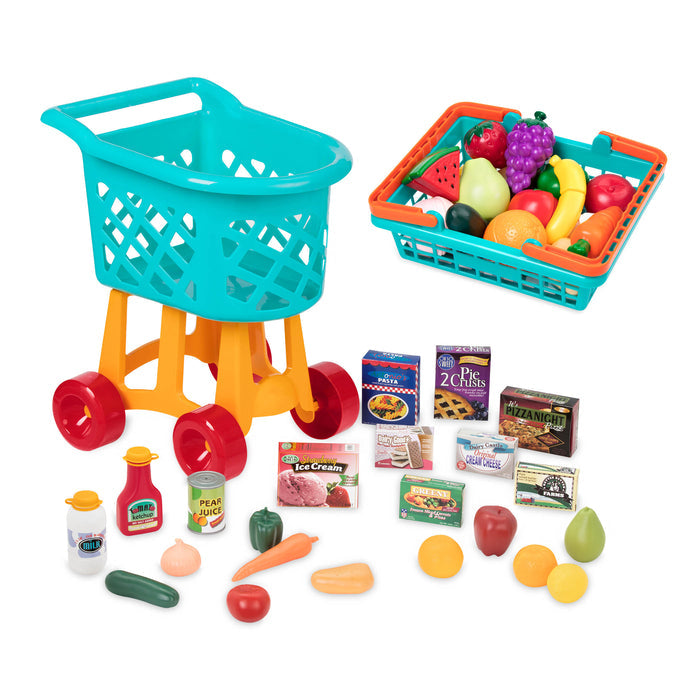 A blue and yellow shopping cart and farmer's market basket, both are full of toy foods.