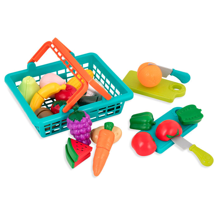 A blue and yellow shopping cart and farmer's market basket, both are full of toy foods.