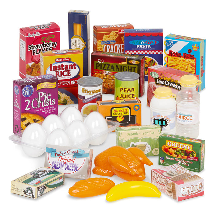 Everything you need to stock your play kitchen and market! A cart full of food, pos and pans, cooking tools and more.