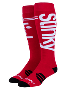 Red socks with 'Stinky' branding on a white background