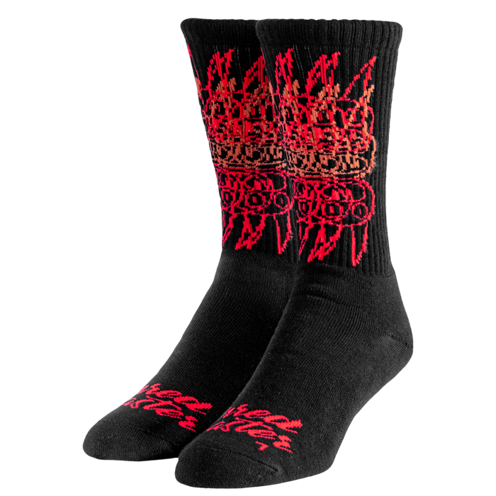 Black socks with red and gold pattern on a white background