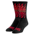 Black socks with red and gold pattern on a white background