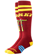 Red socks with yellow and blue accents featuring a cartoonish design on a white background