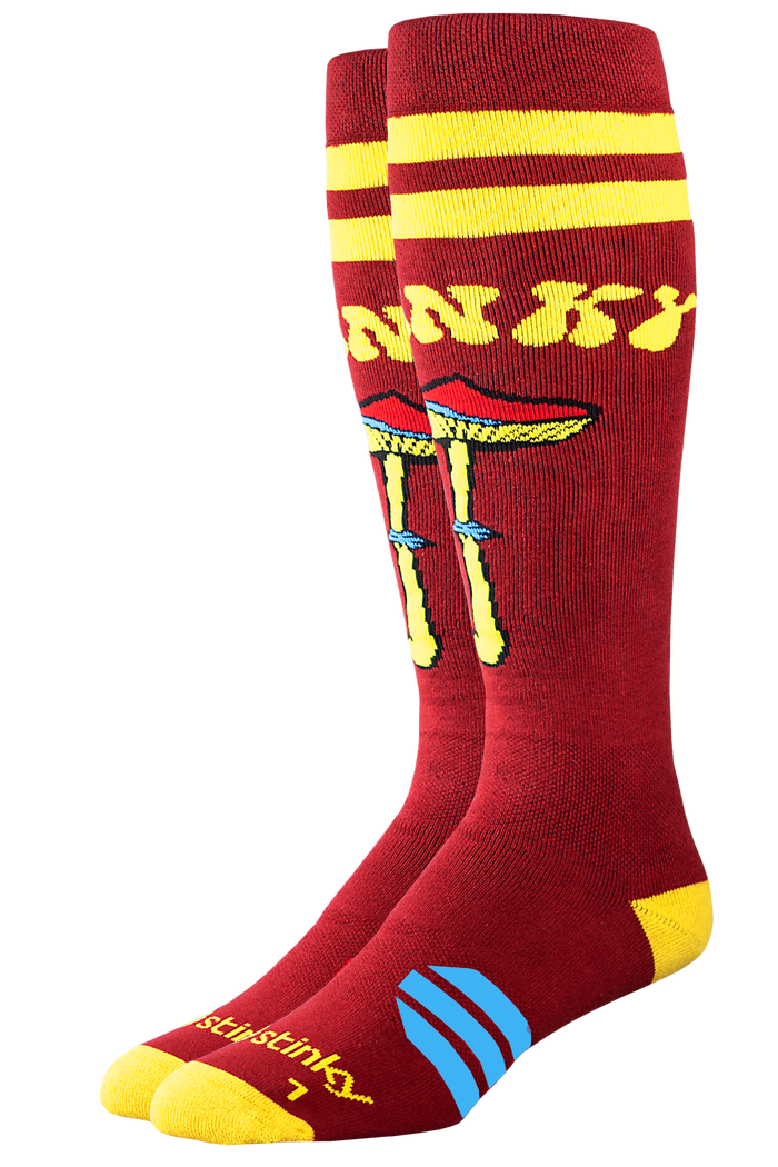 Red socks with yellow and blue accents featuring a cartoonish design on a white background