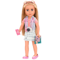 14-inch doll wearing travel accessories