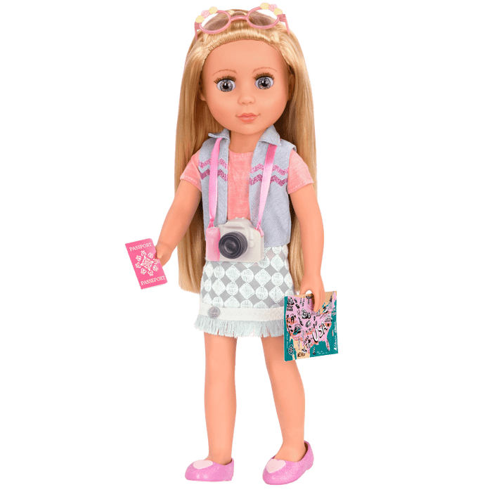 14-inch doll wearing travel accessories