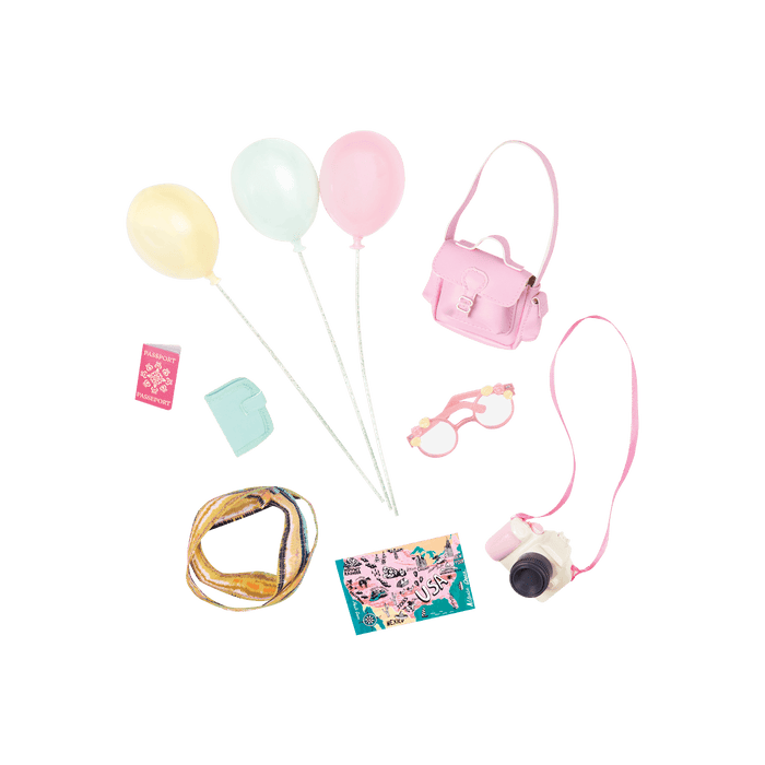 14-inch doll wearing travel accessories