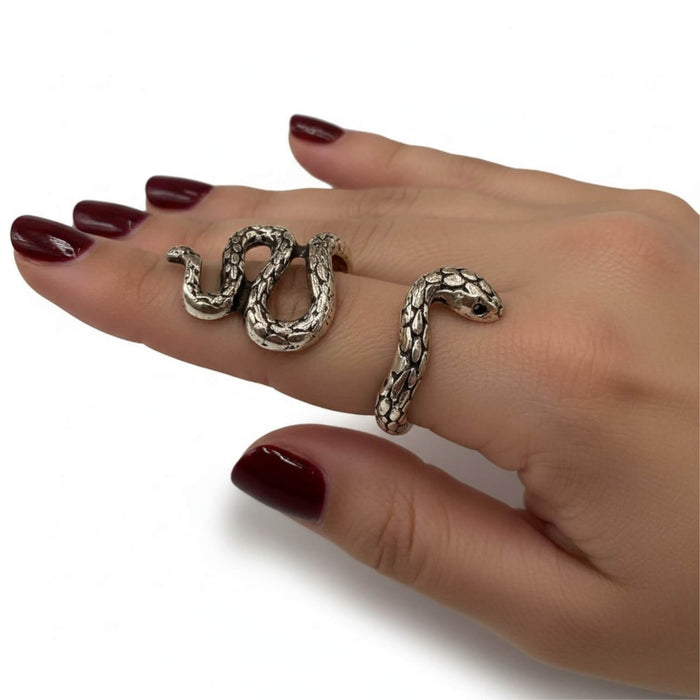 woman wearing the Silver Slithering Snake Wrap Ring with antique silver textured serpent design