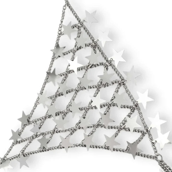 Silver Stars Sparkle Chest Chain Bra Top with star tassels and adjustable neck and waist chains festival body jewelry