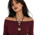 Woman wearing Silver Victorian Crystal Cross Choker Necklace / antique filigree with chunky chain / women's/ osfm