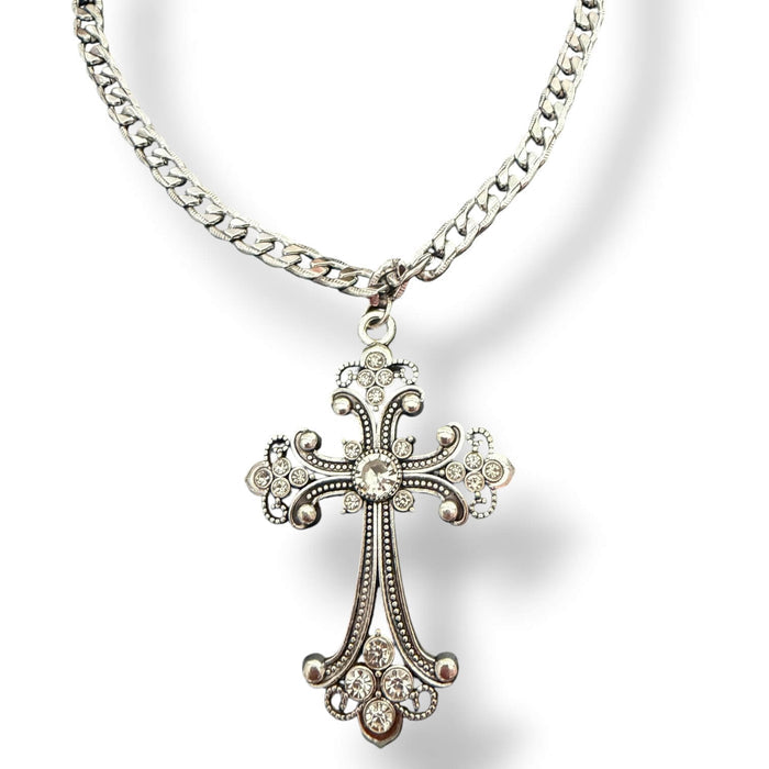 Flat Lay of Silver Victorian Crystal Cross Choker Necklace / antique filigree with chunky chain / women's/ osfm
