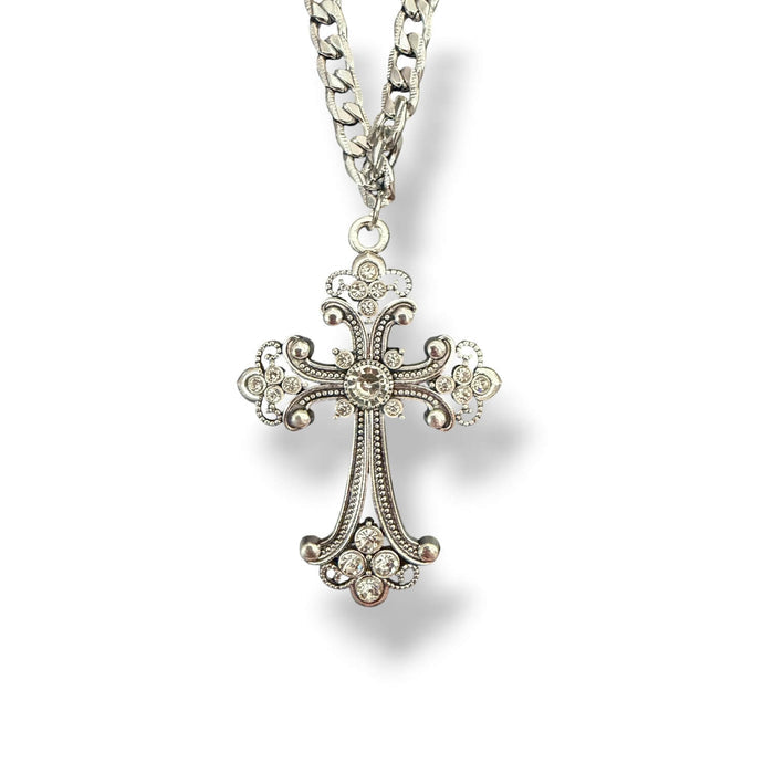 Flat Lay of Statement Silver Victorian Crystal Cross Choker Necklace / antique filigree with chunky chain / women's/ osfm