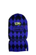 Blue and black checkered balaclava with a brand logo on a white background