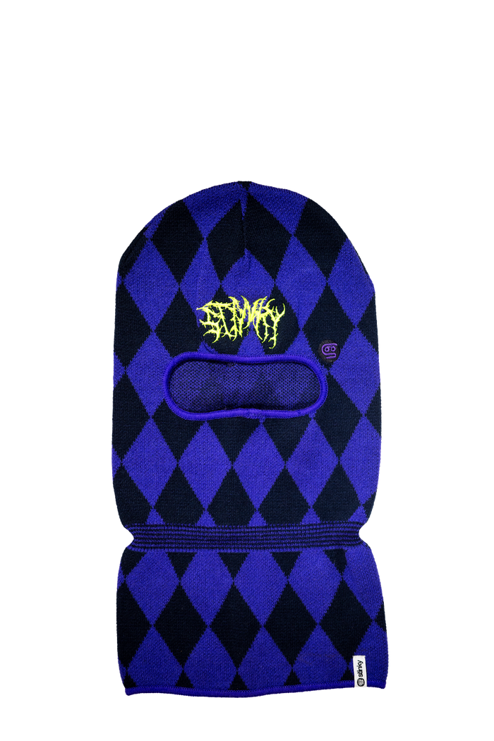 Blue and black checkered balaclava with a brand logo on a white background