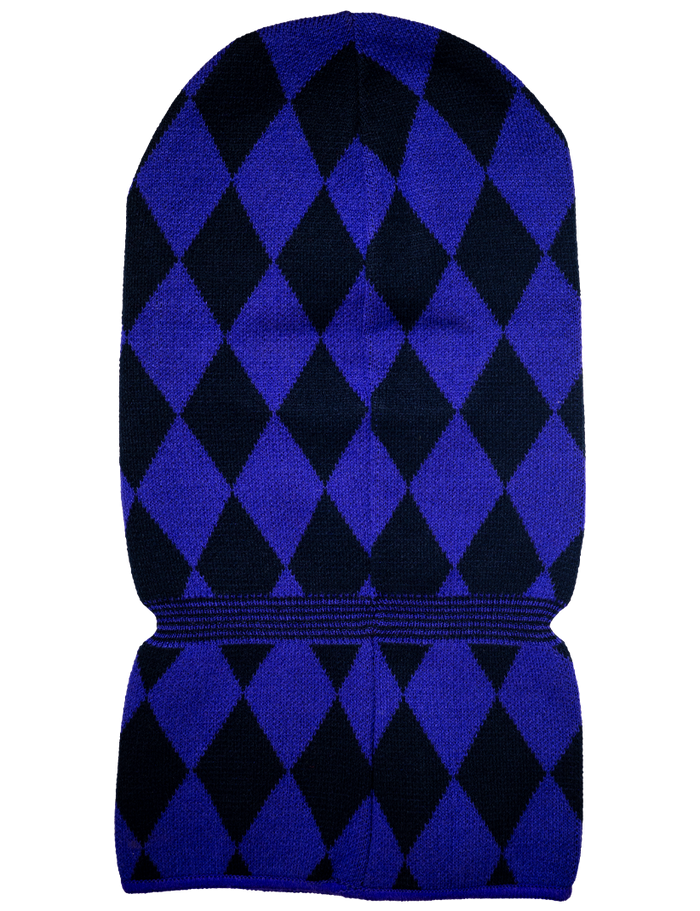 Blue and black diamond patterned oven mitt on a white background