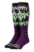 Purple and black striped socks with green tribal patterns on a white background