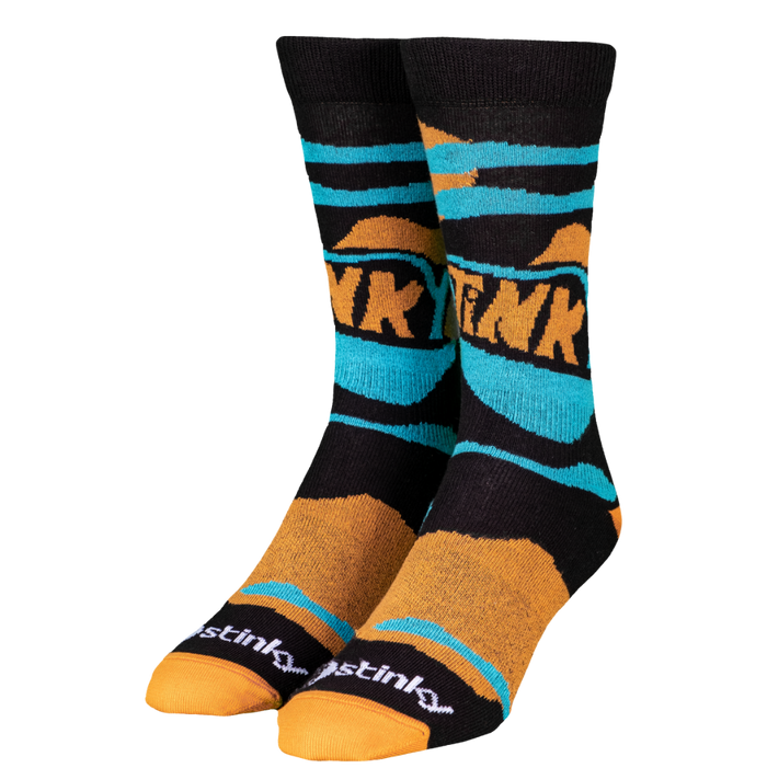 Pair of colorful socks with a brand logo on a white background