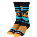 Pair of colorful socks with a brand logo on a white background