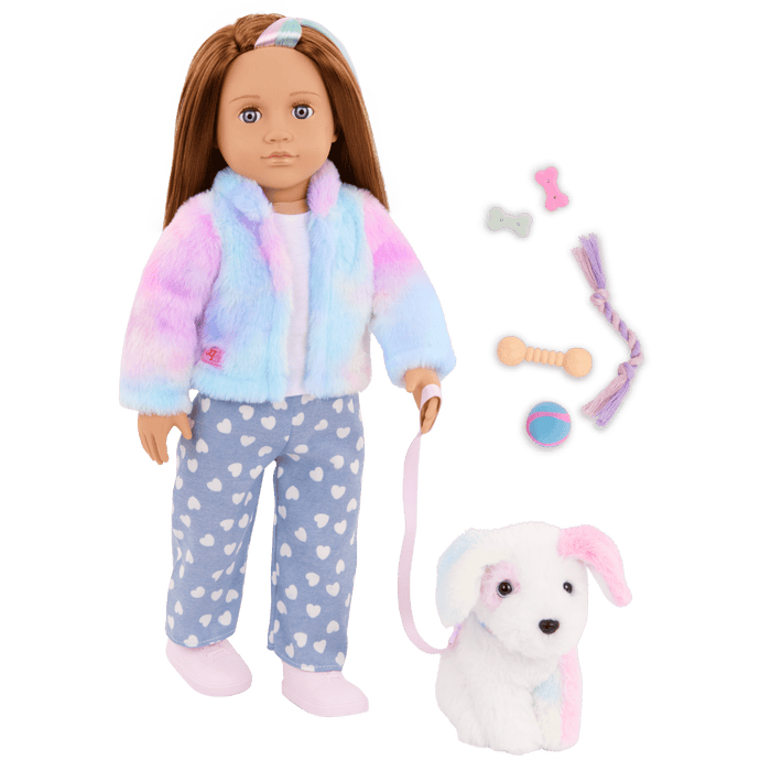 Our Generation 18" Doll Skylar and her Dog Bow with dog toys and treats