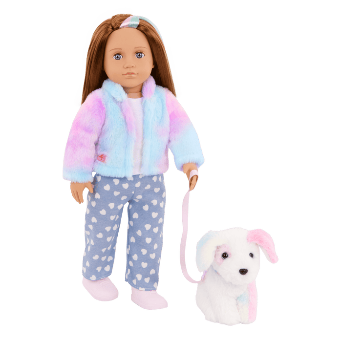 Our Generation 18" Doll Skylar and her Dog Bow with dog toys and treats