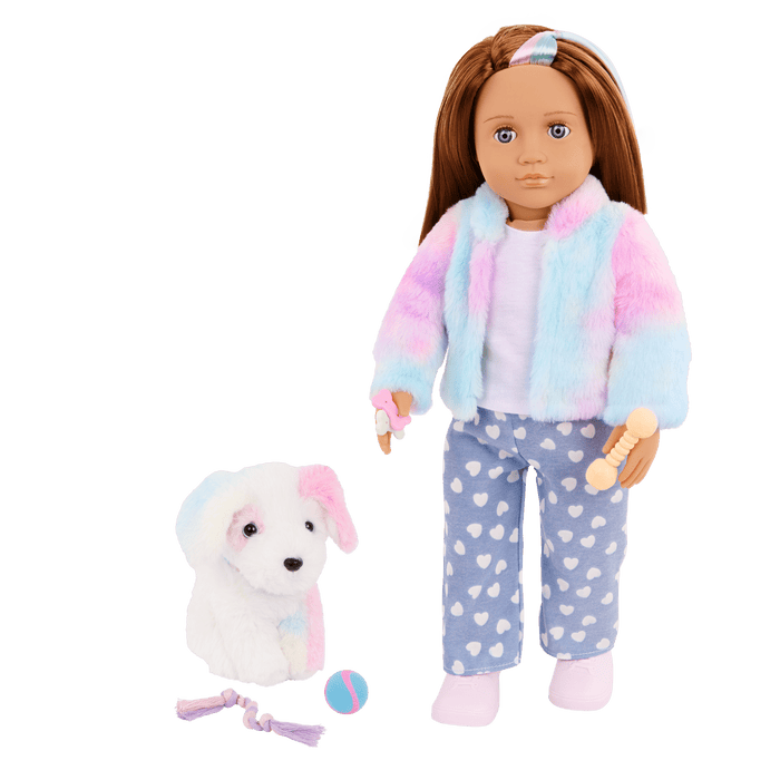 Our Generation 18" Doll Skylar and her Dog Bow with dog toys and treats