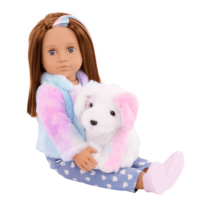 Our Generation 18" Doll Skylar and her Dog Bow with dog toys and treats