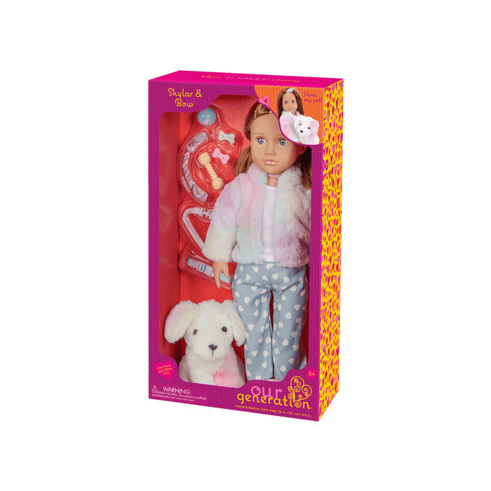 Our Generation 18" Doll Skylar and her Dog Bow with dog toys and treats
