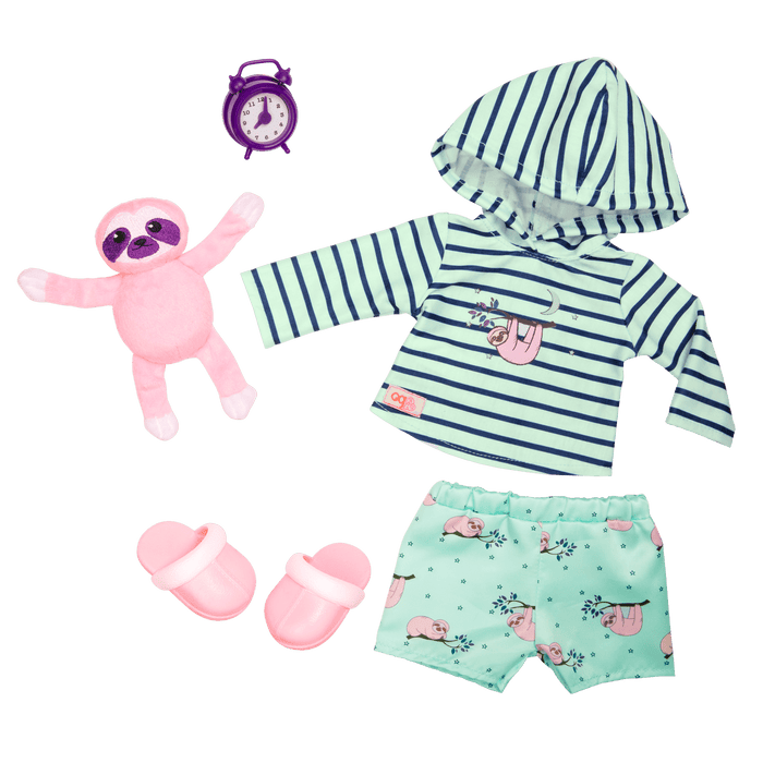 Sloth-themed pajamas with sloth plushie and alarm clock for 18-inch doll