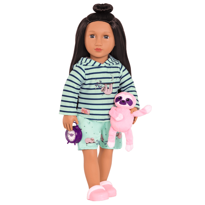 Sloth-themed pajamas with sloth plushie and alarm clock for 18-inch doll