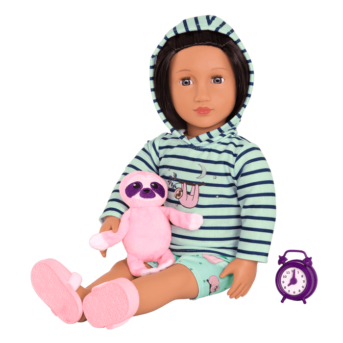 Sloth-themed pajamas with sloth plushie and alarm clock for 18-inch doll