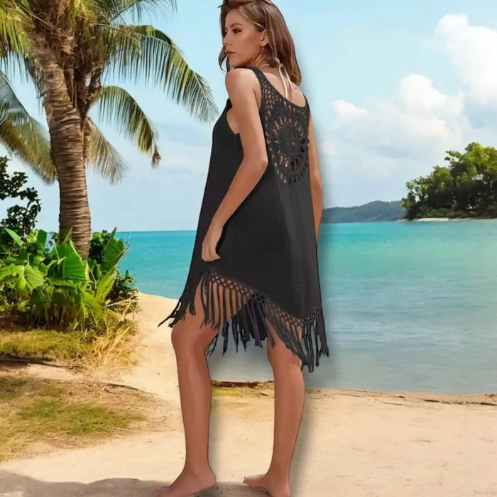 Sleeveless Crochet Fringe Tunic Cover Up - Swimsuit Cover Ups