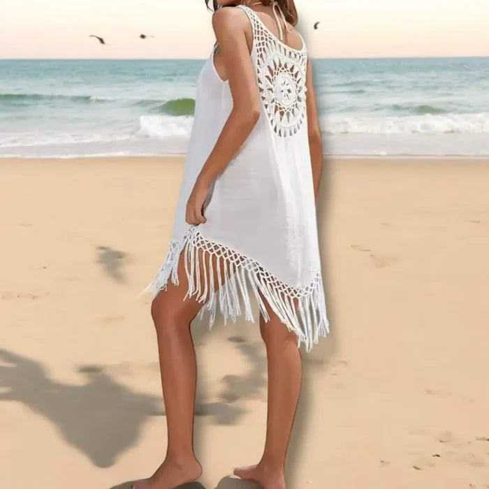 Sleeveless Crochet Fringe Tunic Cover Up - Swimsuit Cover Ups