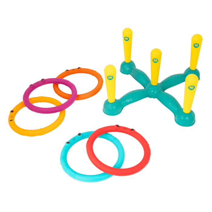 Ring toss game with five rings and five numbered pegs.