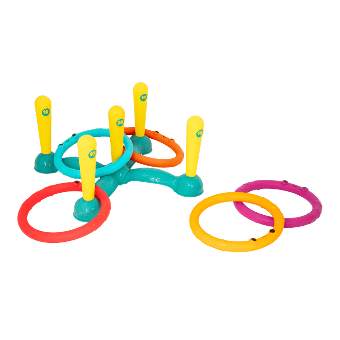 Ring toss game with five rings and five numbered pegs.