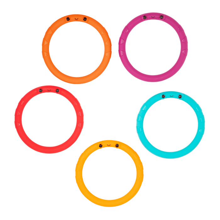 Ring toss game with five rings and five numbered pegs.