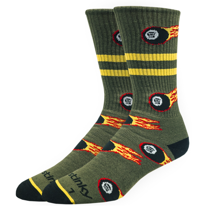 Green socks with flame and circle designs on a white background