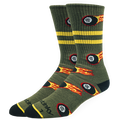 Green socks with flame and circle designs on a white background