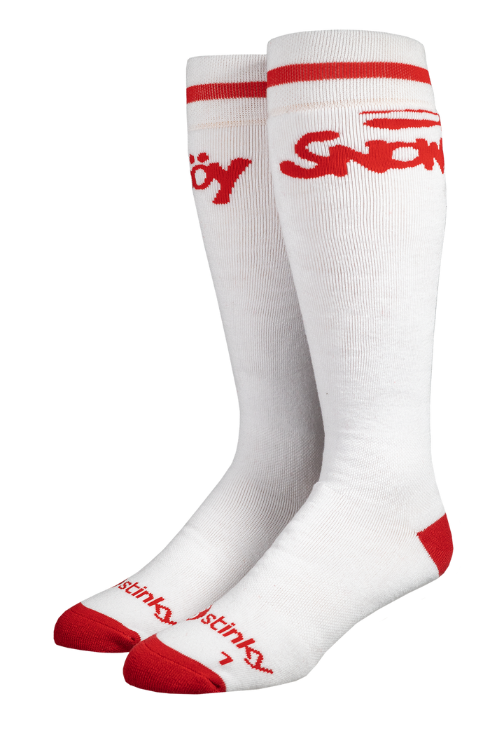 White knee-high socks with red accents and branding on a white background
