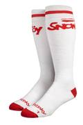 White knee-high socks with red accents and branding on a white background