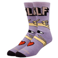 Purple socks with cartoon design and text on a white background