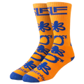 Orange socks with blue designs and text on a white background