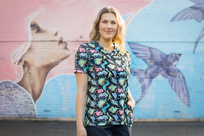 Softies Women's Dino Party Slim Fit Fun Scrub Top DPOT01  Simply Scrubs Australia
