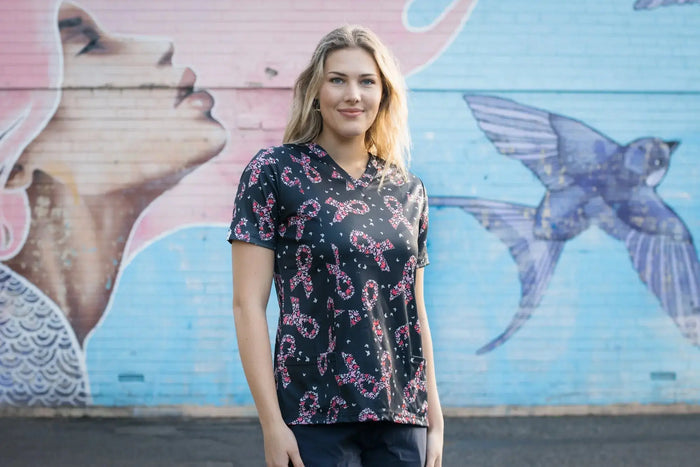 Softies Women's Pink Ribbons Slim Fit Fun Scrub Top PROT01 - Simply Scrubs Australia