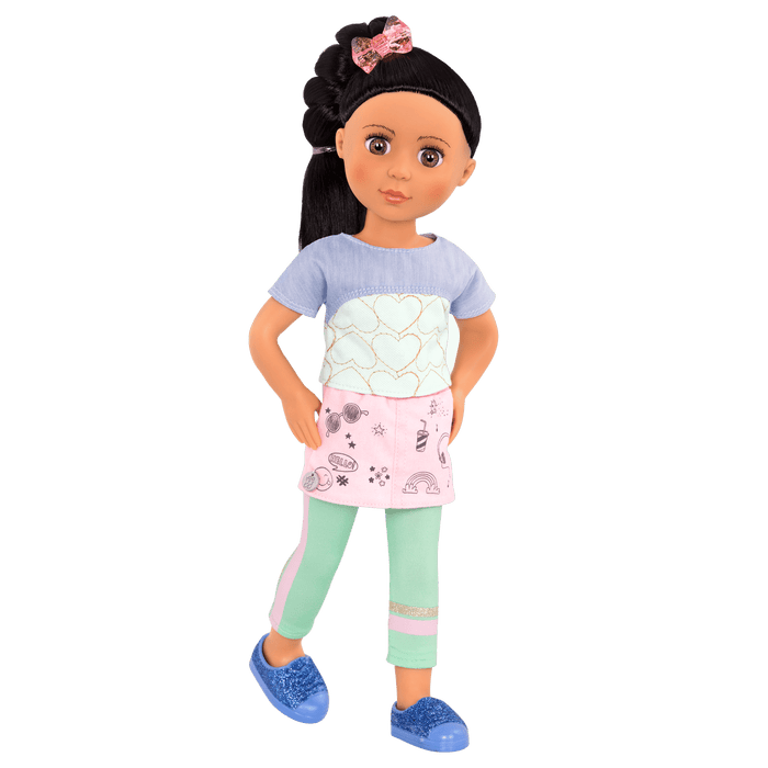 14-inch posable doll with black hair and hazel eyes