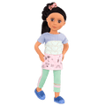14-inch posable doll with black hair and hazel eyes