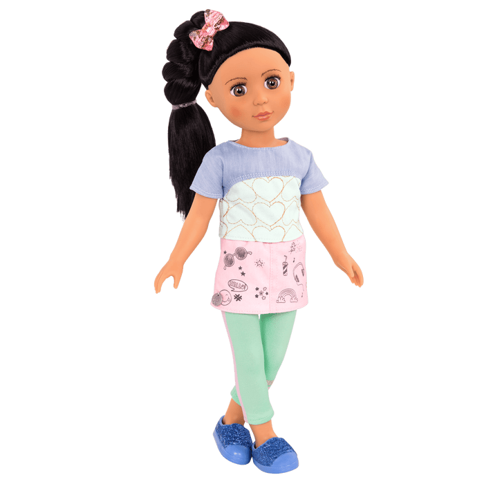14-inch posable doll with black hair and hazel eyes