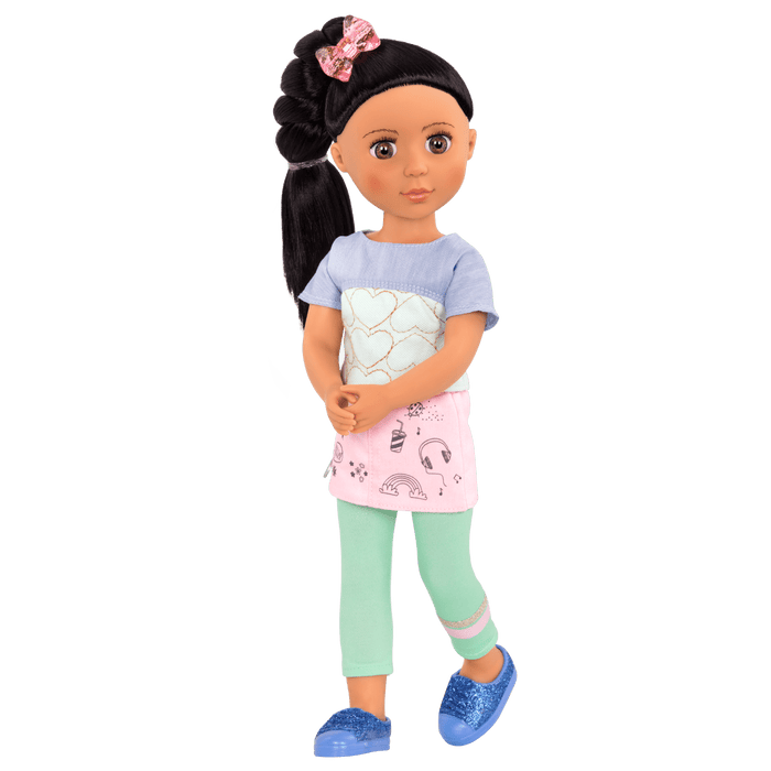 14-inch posable doll with black hair and hazel eyes