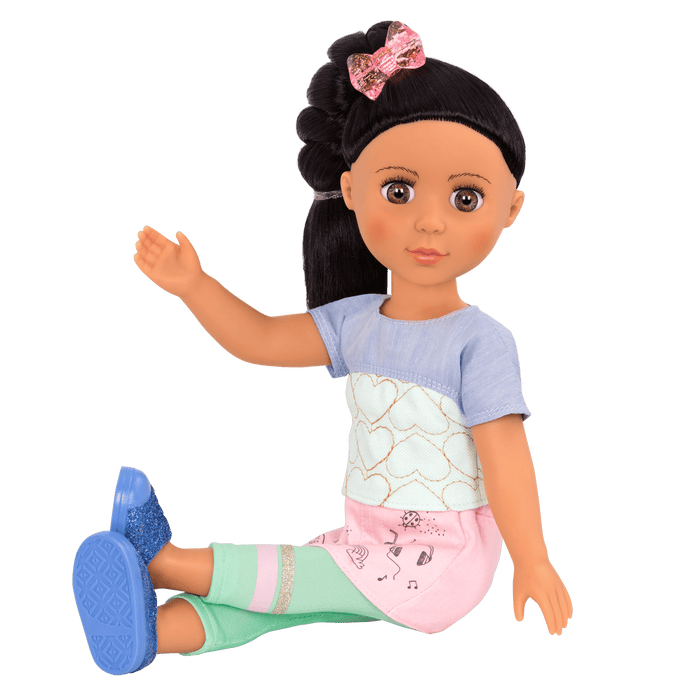 14-inch posable doll with black hair and hazel eyes