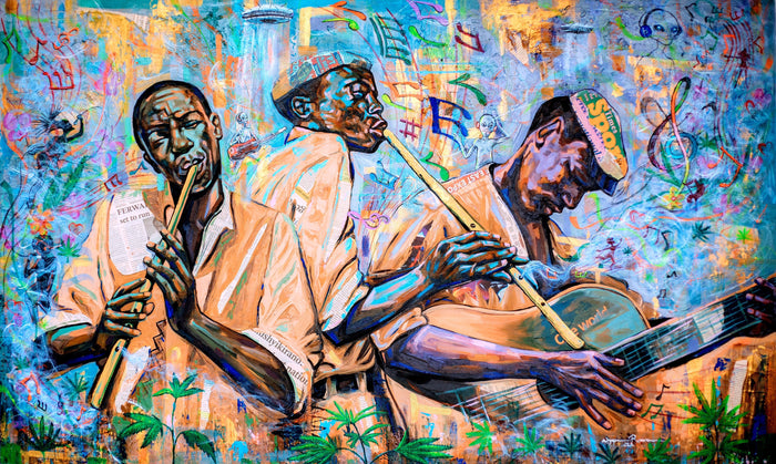 Artistic depiction of three musicians playing instruments with a colorful background